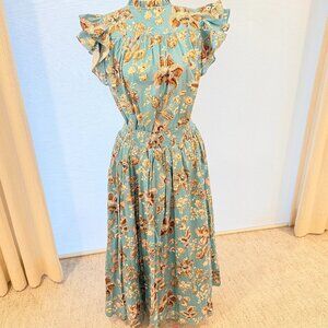 Elie Tahari Blue Floral 2 Piece Set Ruffle Sleeve Blouse/ Smocked Midi Skirt L/M